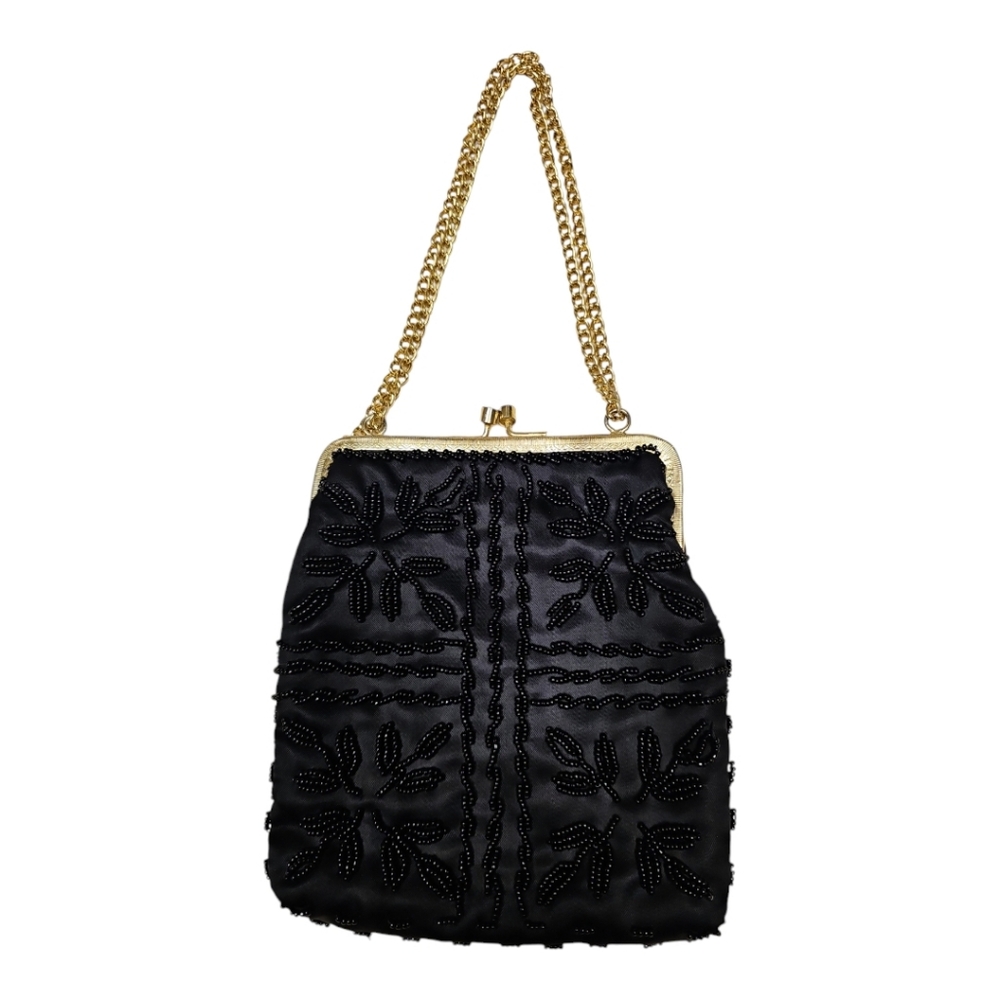 Elegant Vintage Black Beaded Evening Handbag with Gold Chain Strap